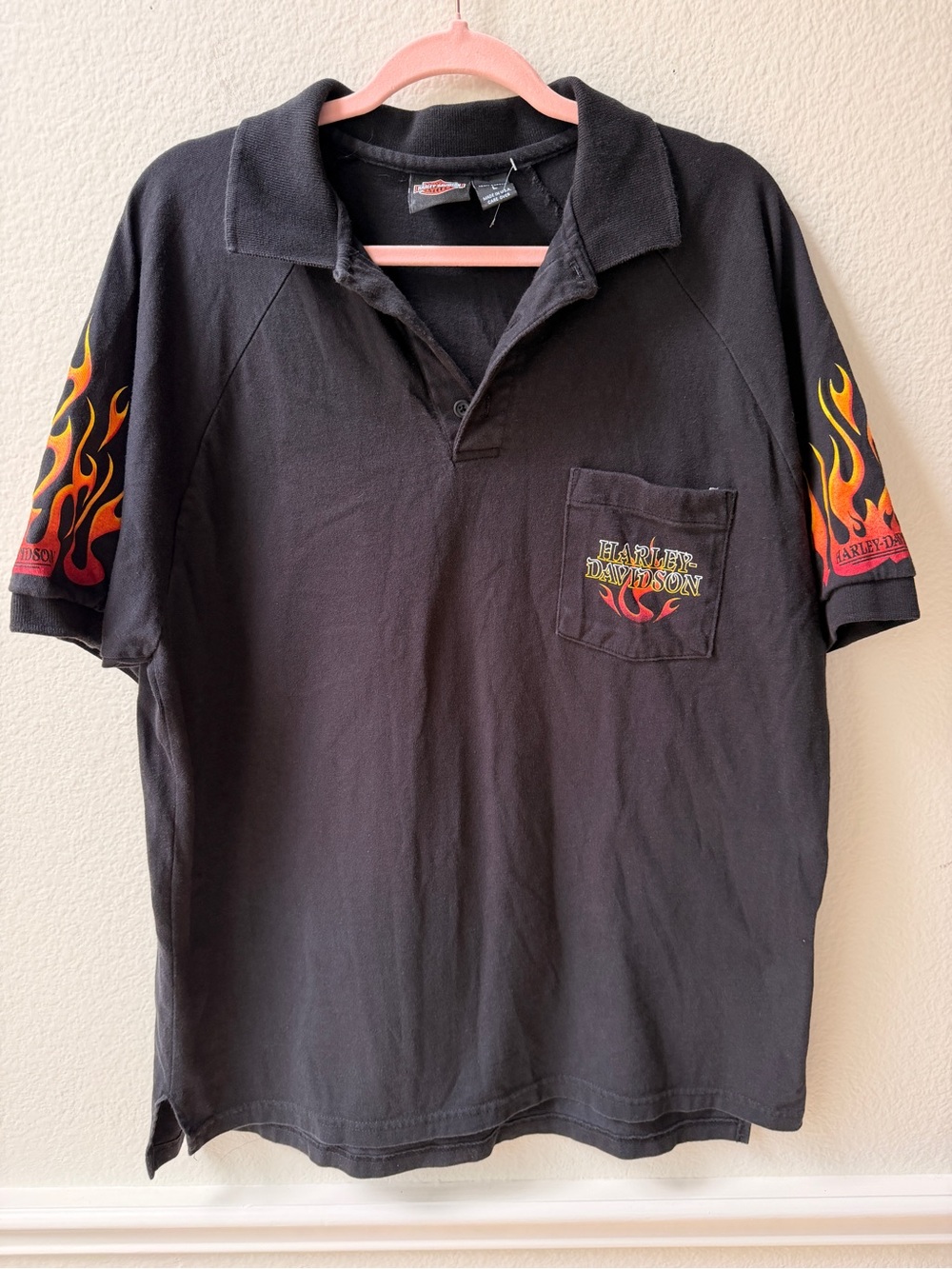 Harley-Davidson Flame Sleeve Pocket Polo Shirt Lone Star Tyler Texas Black‎ L